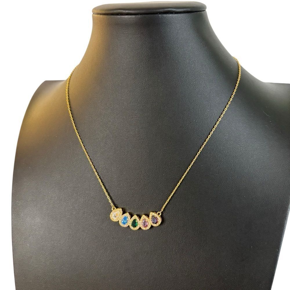 Elegant Gold Tone Multicolored Gemstone Teardrop Necklace - Picture 4 of 6